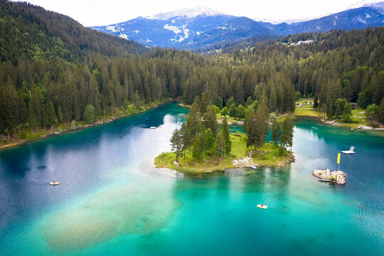 Switzerland, Graubunden, Cauma Lake, Aerial view of lake