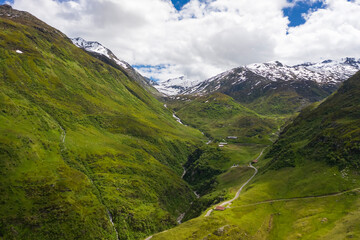 Switzerland, Furka Pass, James Bond Street, Mountains and road in valley