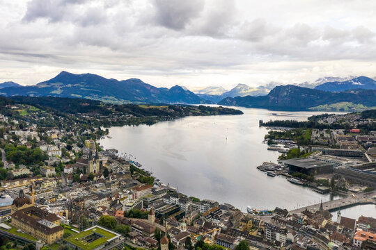 Switzerland, Lucerne, Aerial view of city near mountains and lake