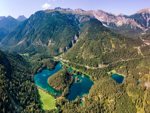 Austria, Tyrol, Lake Samerangersee, Lake Fernsteinsee Aerial view of lake and mountains