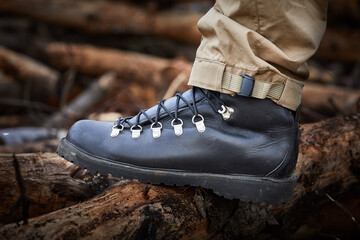 Close up shot of black walking - hiking boot