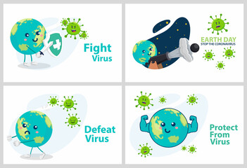 Set vector illustration against corona covid-19 virus. cure corona virus. Earth is against the concept of a virus. the concept of the corona virus vaccine. end of 2019-ncov. don't be afraid of the cor