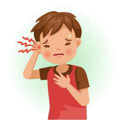 Earache or sore. The boy is sick, Sick person and feeling bad.