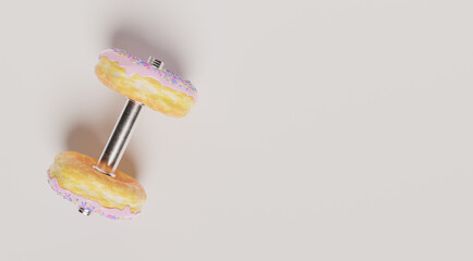 exercise dumbbell with pink chocolate donuts with confetti replacing the weights. 3d illustration