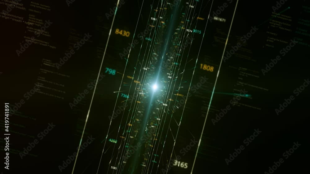 Poster moving towards virtual light. animation. dive into cyberspace through corridor of flying numbers. mo