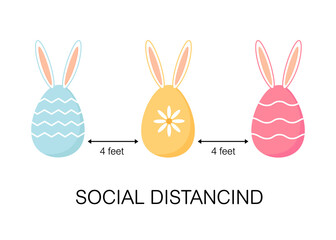 cute colorful easter eggs with bath bunny ears and ornaments during the coronavirus epidemic. social distancing concept covid19. vector illustration