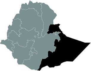 Black highlighted location map of the Ethiopian Somali Region inside gray map of the Federal Democratic Republic of Ethiopia