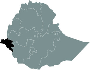 Black highlighted location map of the Ethiopian Gambela Region inside gray map of the Federal Democratic Republic of Ethiopia