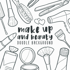 Make Up Doodle Banner Icon. Beauty Vector Illustration Hand Drawn Art. Line Symbols Sketch Background.