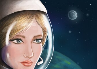 hand-drawn digital illustration of a female astronaut - 419743822