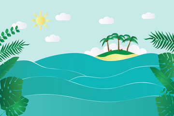 Fototapeta na wymiar Summer sea landscape background with island and frame of palm and tropical leaves. Copy space for design or text. Flat vector illustration
