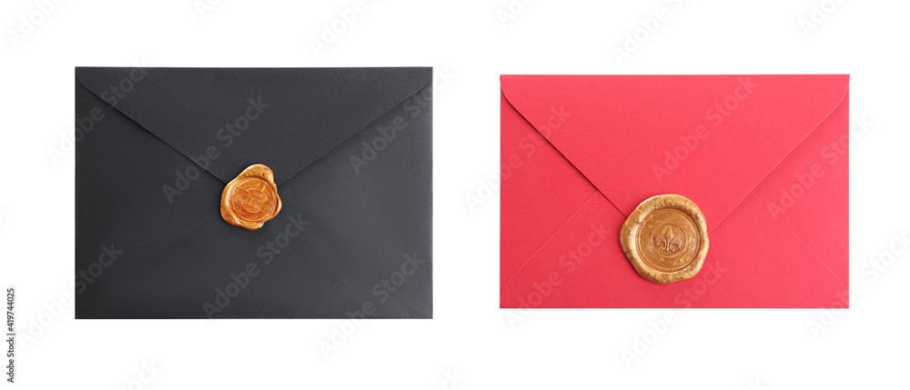 Wall mural top view of different envelopes with wax seals on white background, collage