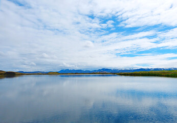 Wonderful Iceland nature. Idyllic summer Icelandic landscape. Myvatn is a shallow lake situated in an area of active volcanism in the north of Iceland, not far from Krafla volcano.