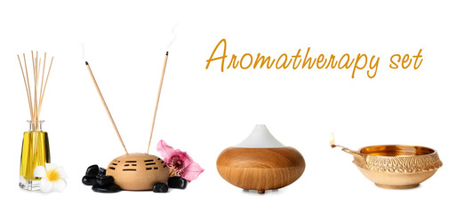 Incense sticks and other items for aromatherapy on white background, collage. Banner design