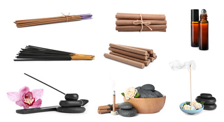 Incense sticks and other items for aromatherapy on white background, collage