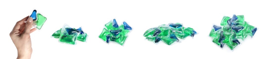 Set with laundry capsules on white background, banner design. Detergent pods