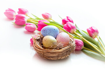 Congratulations on Easter. Eggs in the nest and tulips against white background. Place for text