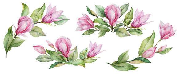 Pink magnolia watercolor arrangements on white background © Berentina