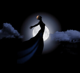 A hopeful female cancer patient  is seen in sillhouette where only her bald head is in the light. She displays dignity and spirit with her elegant pose in a flowing evening gown.