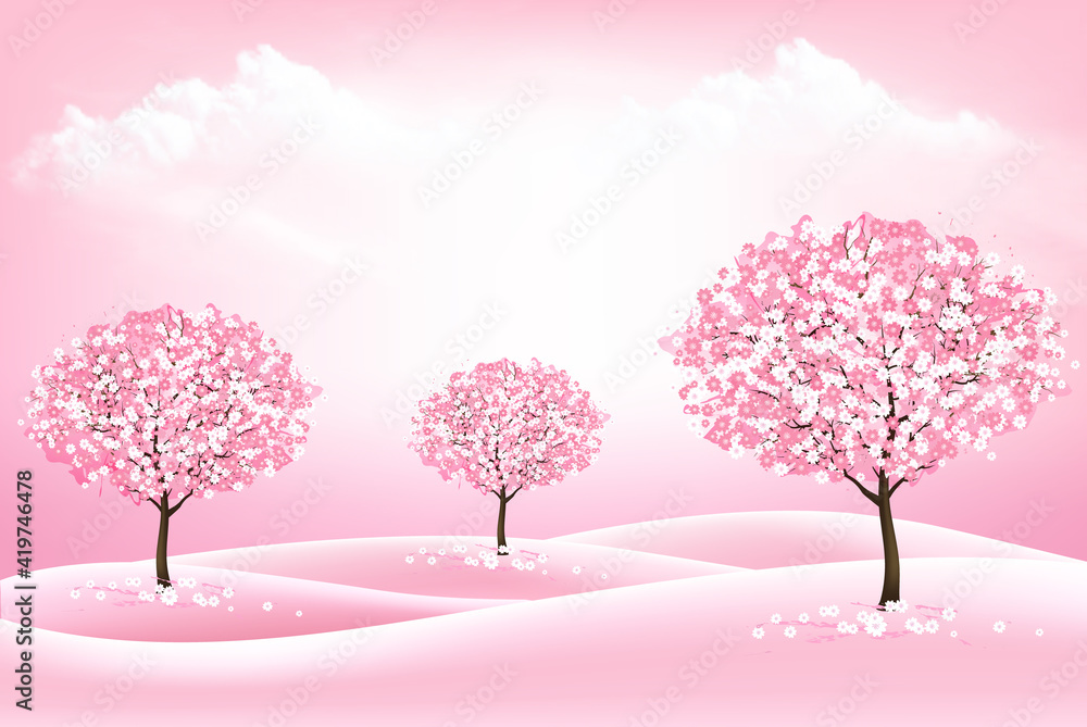 Poster Spring nature background with a pink blooming sakura trees and landscape. Vector.
