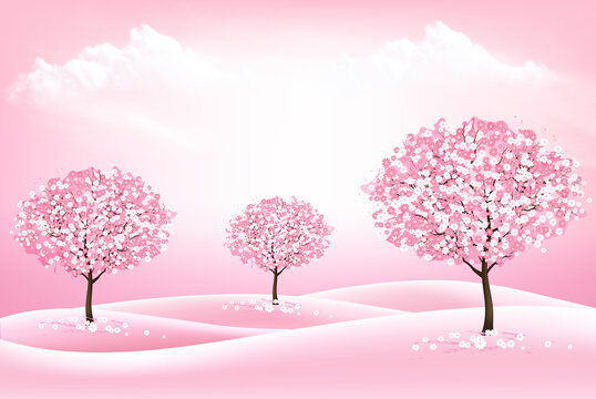 Spring nature background with a pink blooming sakura trees and landscape. Vector.