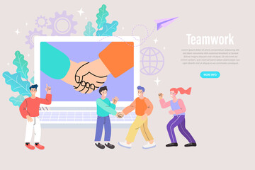 Businessman handshake via laptop. online conclusion of the transaction. shake hand and congratulations in computer. people celebrating teamwork. vector illustration