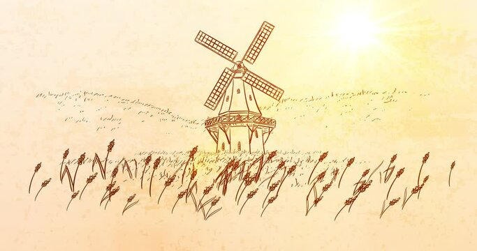 Scenic animation with Wind Mill and rural Field - Pan Up