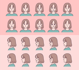 Set of face girl characters with various emotion expressions.