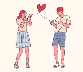 A cute male and female couple shooting arrows of love at each other.