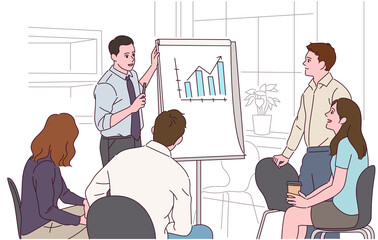 Business people are sitting around and a man is giving a presentation while looking at a graph.
