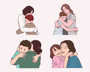 Families who warmly hug each other.