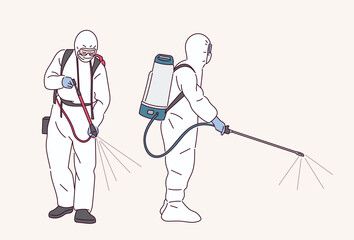 People in quarantine uniforms are spraying disinfectants.