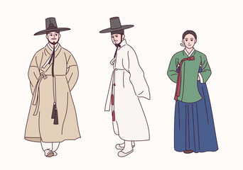 People wearing traditional Korean clothes.