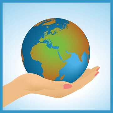 Hand gently holding our only planet Earth. On front of globe Europe, Middle east and Africa. In portfolio you can find other part of the world on front as well as darker hand. Vector. EPS 10.