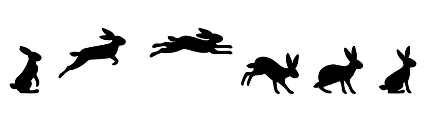 A set of rabbit jump phases. The hare sits, prepares to jump, jumps, lands. Black silhouette on a white background. Vector illustration.