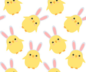 Vector seamless pattern of hand drawn doodle flat easter chick with rabbit ears isolated on white background