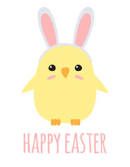 Vector hand drawn doodle flat easter chick with rabbit ears and happy easter lettering isolated on white background