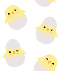 Vector seamless pattern of flat cartoon doodle colored chick in egg shell isolated on white background