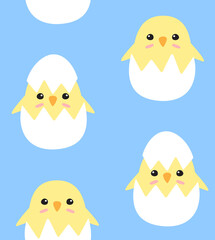 Vector seamless pattern of flat cartoon doodle colored chick in egg shell isolated on blue background
