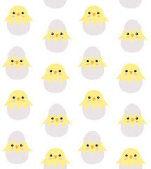 Vector seamless pattern of flat colored cartoon doodle colored chick in egg shell isolated on white background