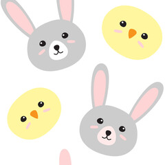 Vector seamless pattern of easter hand drawn doodle flat chick and rabbit face isolated on white background 