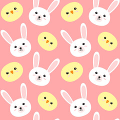 Obraz premium Vector seamless pattern of easter hand drawn doodle flat chick and rabbit face isolated on pink background