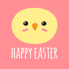 Vector hand drawn doodle flat chick face and happy easter lettering isolated on pink background 