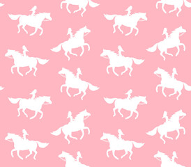 Vector seamless pattern of western cowboy girl woman riding running horse silhouette isolated on pink background