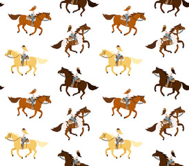 Vector seamless pattern of flat different western cowboy girl woman riding running horse isolated on white background