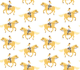 Fototapeta premium Vector seamless pattern of flat western cowboy girl woman riding running horse isolated on white background