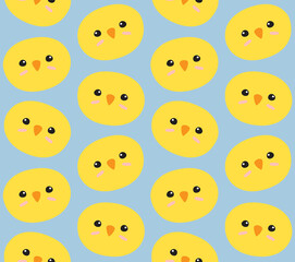 Vector seamless pattern of hand drawn doodle flat chick face isolated on blue background