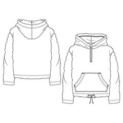 Girls Berber Pullover Hooded Top fashion flat sketch template. Technical Fashion Illustration. Faux Rabbit Sweatshirt. Zipper detail © Josee