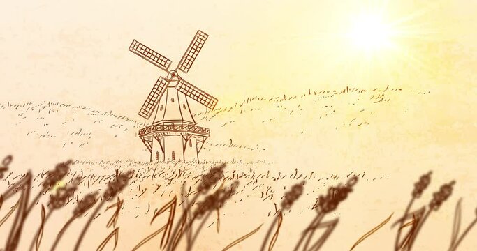 Scenic animation with Wind Mill and rural Field - Pan Left 1