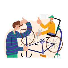 Bicycle repair. A man repairs a bicycle. The mechanic repairs the bicycle, the mechanic inflates the wheels. Web graphics, banners, advertisements, business templates.
